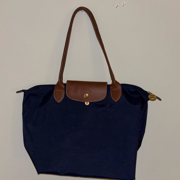 Longchamp LE PLIAGE Navy and Brown Tote: Medium size tote